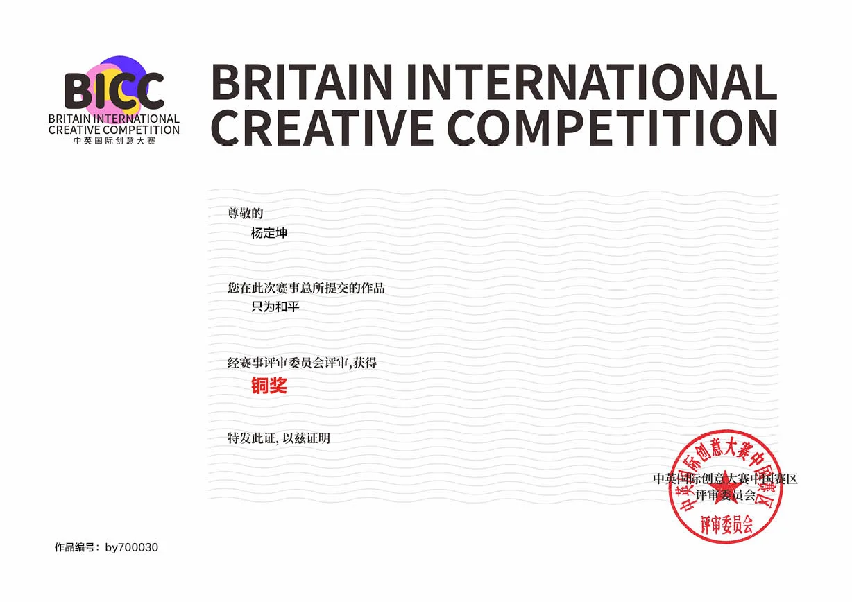 英国国际创意大赛 铜奖证书